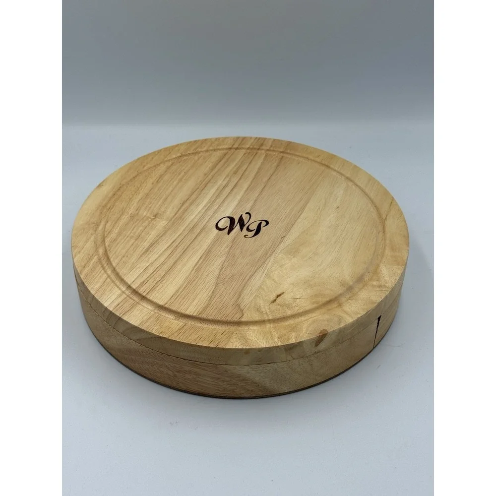 Wolfgang Puck Cheese Cutting Board Knife Set Round Swivel Charcuterie Wood NEW